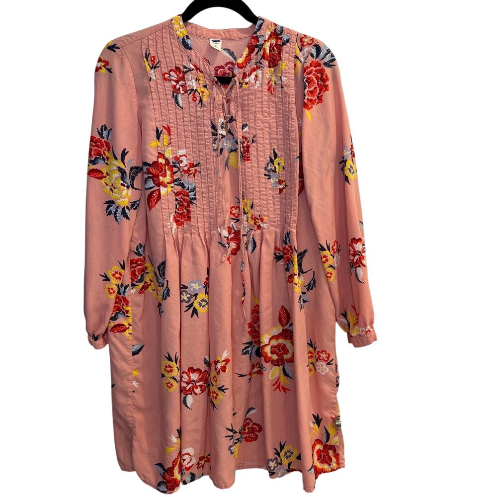 Old Navy Pink Floral Lace Up Swing Dress Pintuck Long Sleeve Boho Mini Medium